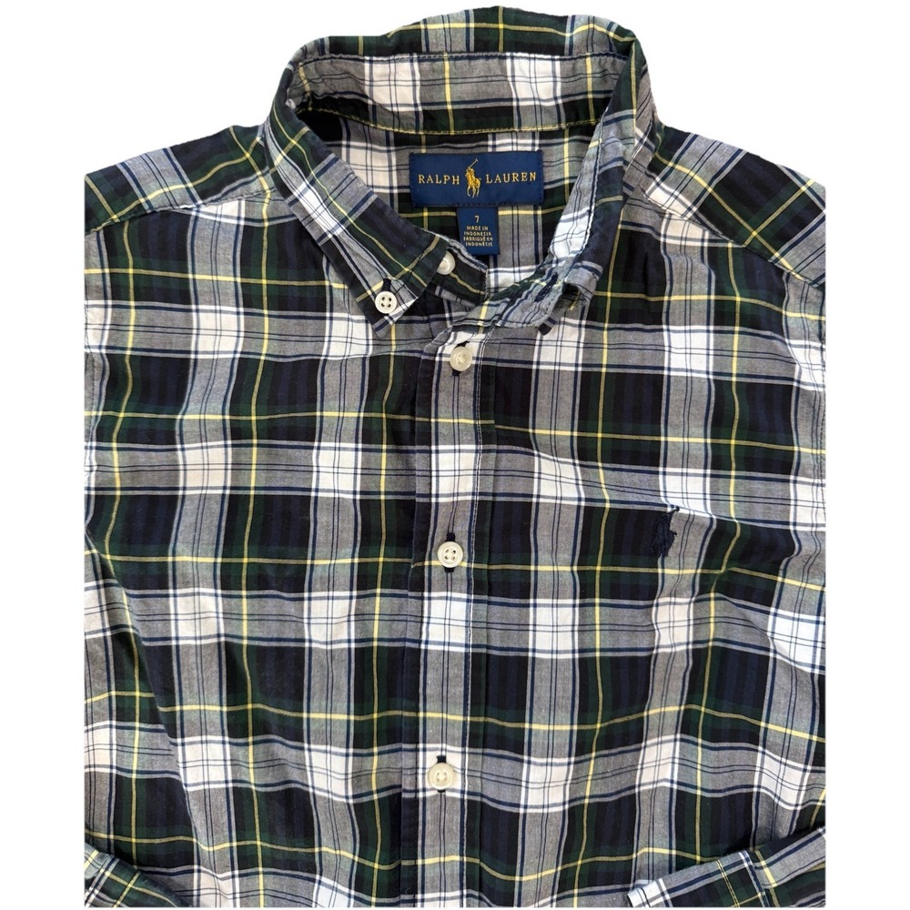 Ralph Lauren Polo Boys Size 7 Blue Green Plaid Button-Down‎ Dress Shirt Preppy
